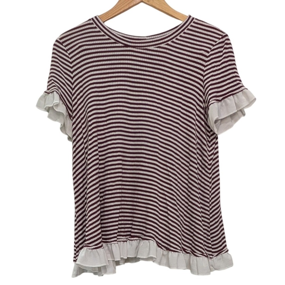 Altar'd State Top Burgundy White Striped Ruffle Trim Ribbed Knit - Small - Picture 2 of 5